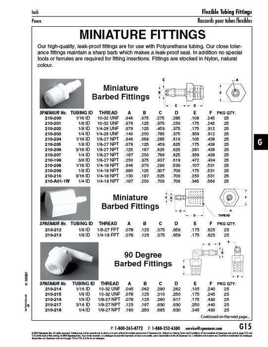 Miniature Barbed Fitting for 1/8" Tubing ID (#10-32 UNF) Nylon