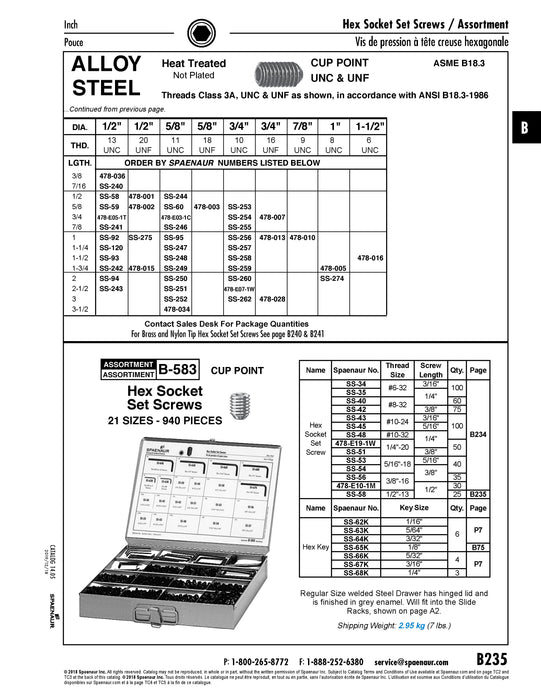 Hex Socket Set Screw Cup Point 1/2"-13 UNC x 3/8" LONG Alloy Steel Heat Treated Plain ANSI B18.3-1986