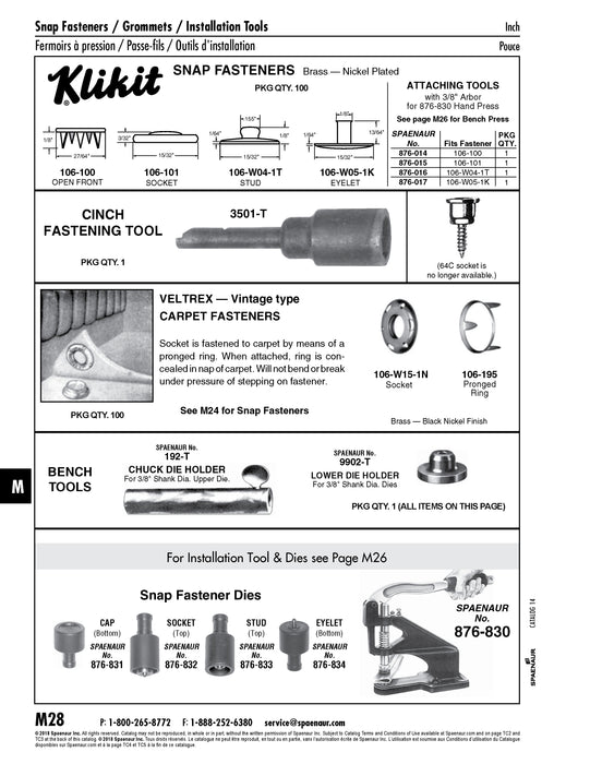 Eyelet, Style 15, Klikit Snap Fastener 3/8" OD x 1/8" TH, 13/64" Barrel LGTH Brass, Nickel Plated