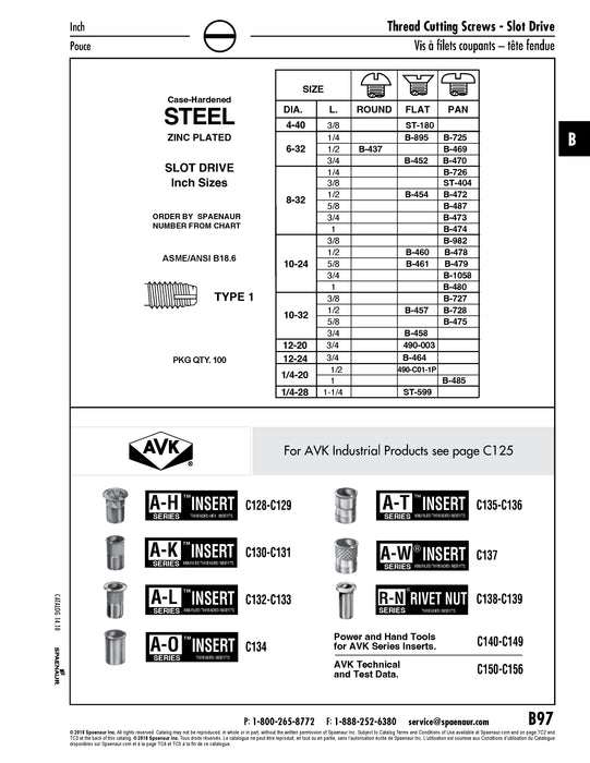 Thread-Cutting Screw, Slot Flat HD 1/4"-20 UNC x 1/2" LONG, Type 1 Low Carb Steel, Case Hard Trivalent Zinc Chromate Plated, Asme B18.6-1966