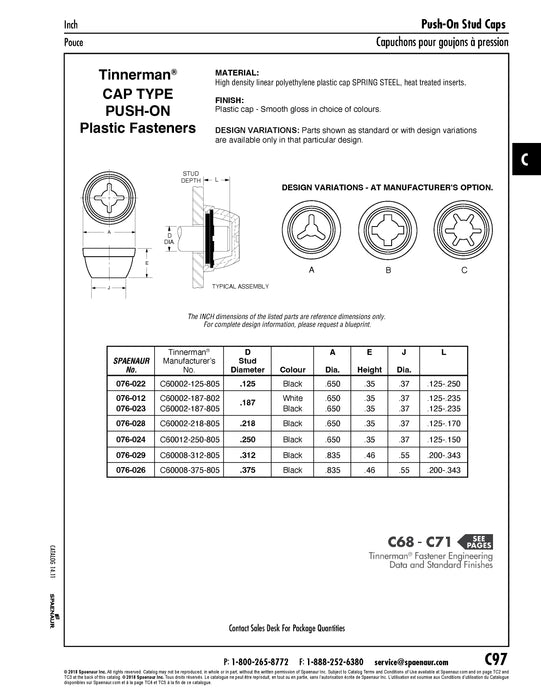 Cap Type Push-On Nut, 4 Slot Design for .250" (1/4") Stud DIA Spring Steel, White Plastic Cap