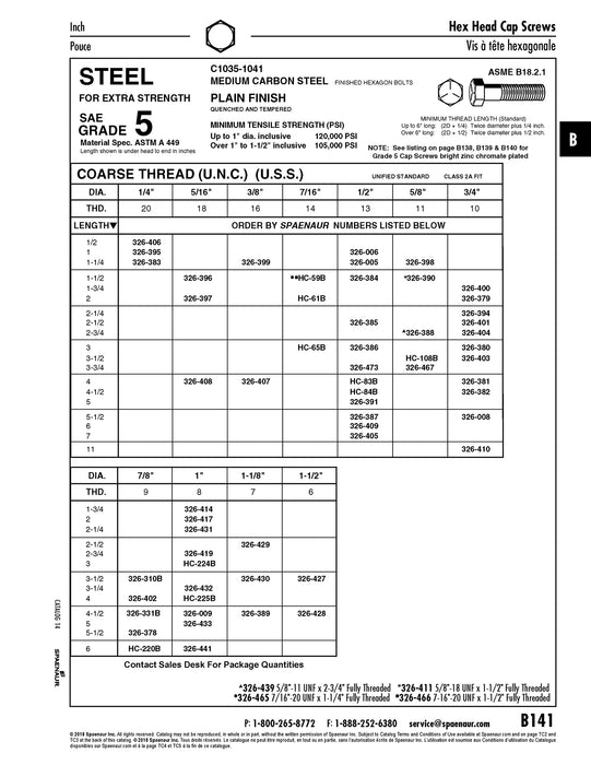 Hex Head Cap Screw Sae 1 1/8"-7 UNC x 3 1/2" LG Grade 5 Medium Carbon Steel Plain ANSI B18.2.1 Latest