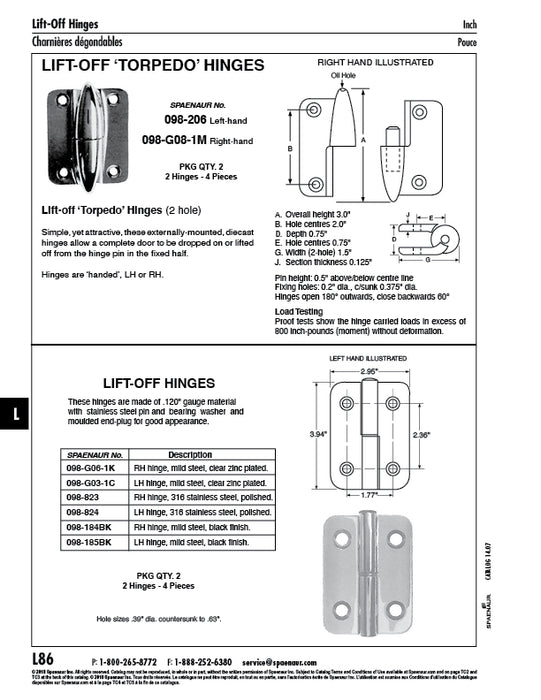 Right Lift-Off Hinges 100mm O/A HT x 75mm Width Mild Steel Clear Zinc Plated