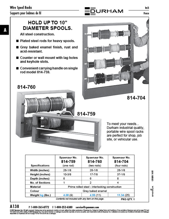 Wire Spool Rack W/ One Rod 26 1/8" W x 10 3/8" H x 6" D Steel, Gray Baked Enamel by Spaenaur Inc.