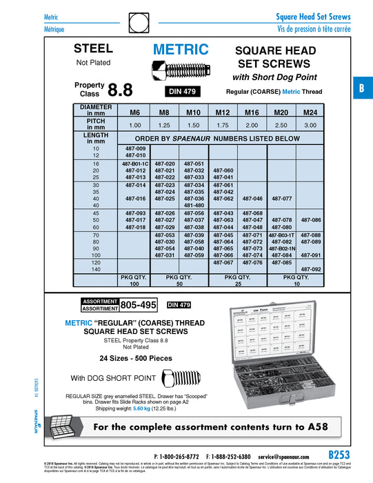 Square Head Set Screw, Half Dog Pt M10 x 1.50 x 80mm Class 8.8 Steel Plain Finish DIN 479/8.8 M10X80