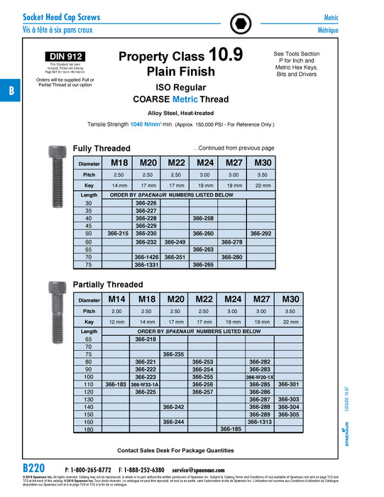Hex Socket Cap Screw DIN 912 M22 x 2.50P x 60mm LG, Full Thread CL 10.9 Alloy Steel Plain DIN 912/10.9/Full M22X60