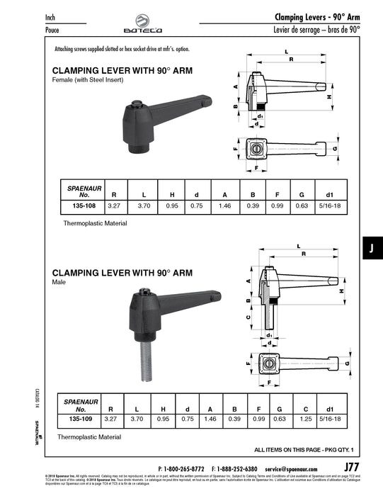 Clamping Lever with 90 Degree Arm, Female Steel Insert 3.70" Length, 5/16"-18 Thread 1.85" Overall Height Thermoplastic Material Black