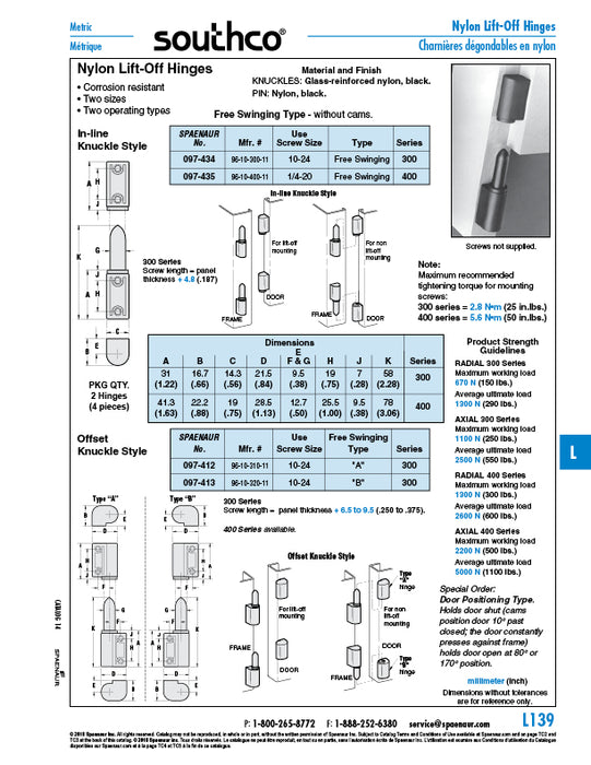 400 Series Lift Off Hinge In-Line Knuckle Style Free-Swinging Type 1.63" x .88" (1/4"-20 THRD) Nylon Black
