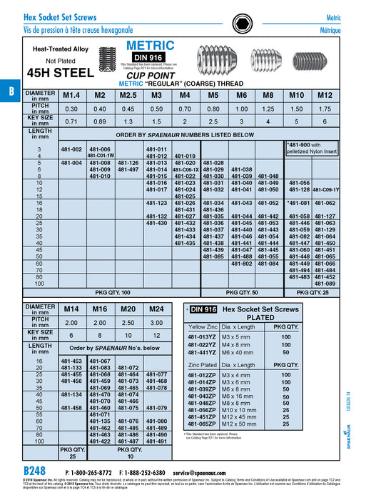 Hex Socket Set Screw, Cup Point M8 x 1.25 Pitch x 10mm CL 45H Alloy Steel Plain Finish DIN 916/45H M8X10