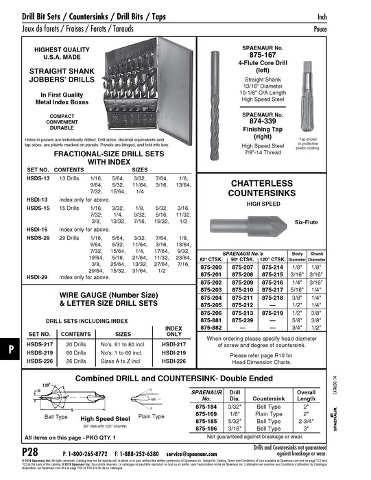 Fraise à chanfreiner sans vibration à six cannelures, chanfrein à 90 degrés, tête de 1/8 po de diamètre x tige de 1/8 po de diamètre, acier rapide Ck-1/8-45