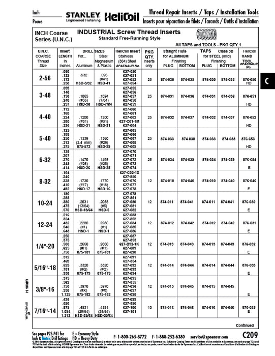 Helicoil Screw Thread Insert, Standard Free Running Style #2-56 UNC x .129" LGTH 18-8 Stainless Steel Plain by HeliCoil