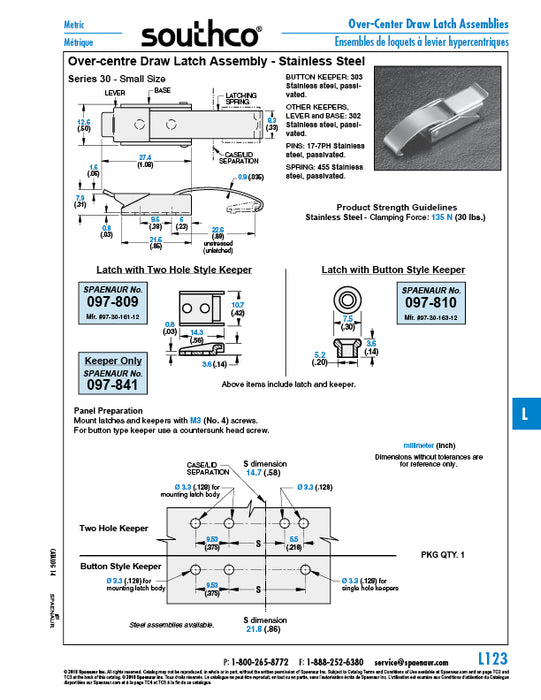 Series 30 Over Center Draw Latch with Two Hole Keeper .48" x 1.08" Base 302 Stainless Steel Passivated by Spaenaur Inc.
