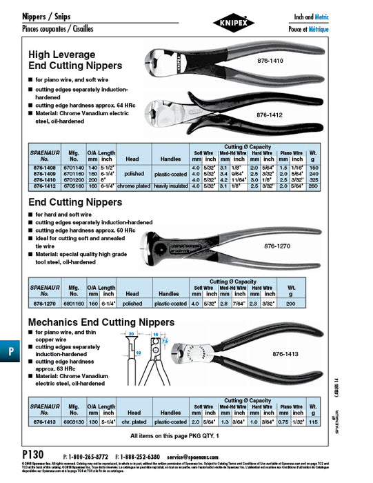 Pince coupante d'extrémité 160 mm (6 1/4") LGTH en acier à outils, tête polie, poignées recouvertes de plastique, fabriquée par Spaenaur Inc.
