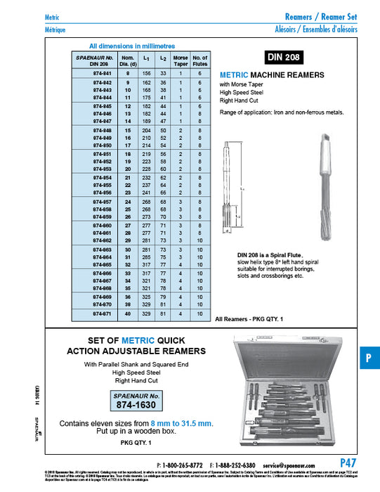 Spiral Flute Machine Reamer 36mm High Speed Steel DIN 208B 36