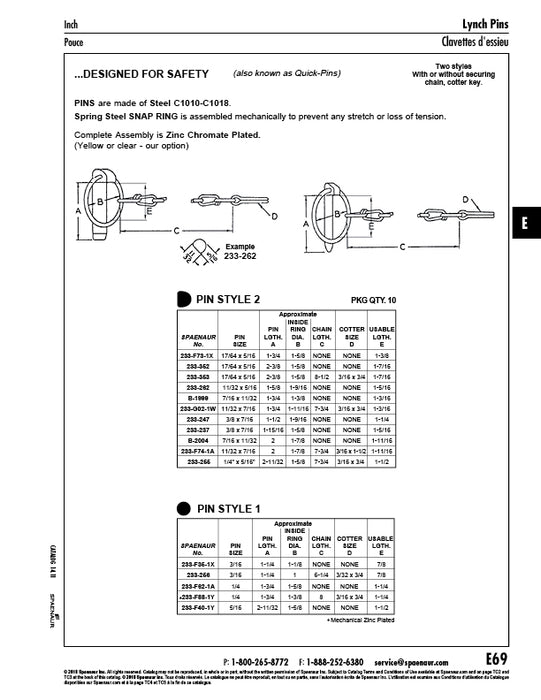 Lynch Pin, Flat Back, with Chain 5/16"X17/64" Pin DIA x 2-3/8" Pin LGTH, 1-5/8" Inside Ring DIA, 8-1/2" Chain LG W/ 3/16X3/4" Cotter Low Carb Steel Case Hard Pin, Spring Steel Snap Ring, Zinc Plated by Spaenaur Inc.