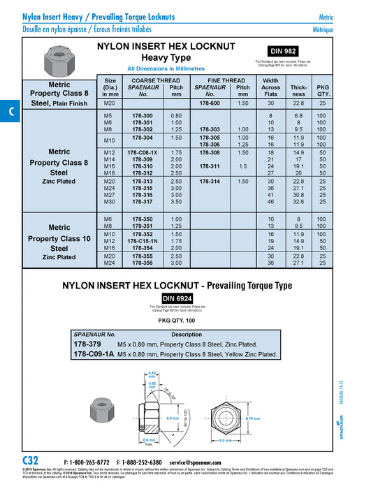 Nylon Insert Hex Locknut, DIN 982 M12 x 1.75 CL 8 Steel Trivalent Zinc Plated DIN 982/8-ZP M12