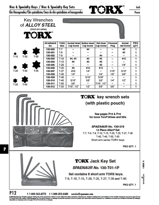 Clé Torx à bras court T-15 en acier allié, sans empreinte, de Spaenaur Inc.