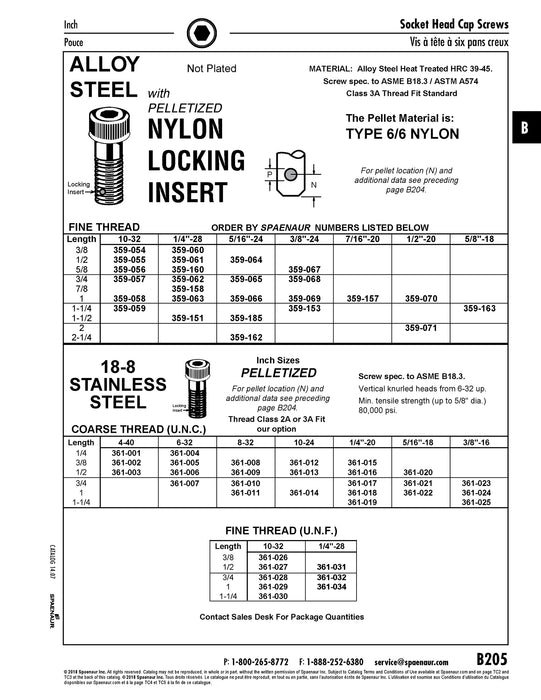 Vis à tête cylindrique à six pans creux avec insert en nylon granulé, 1/4-28 UNF x 3/4", acier allié/insert en nylon, non plaquée, conforme à la norme ANSI B18.3-1986, fabriquée par Spaenaur Inc.
