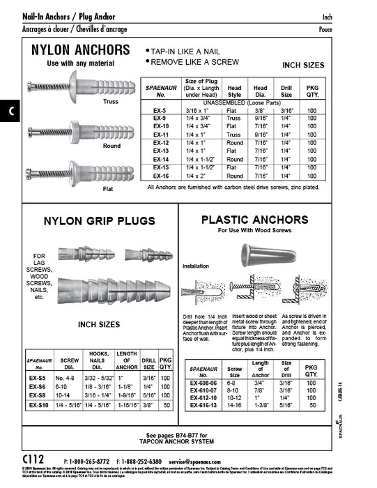 Nylon Anchor Flat Head Unassembled with Drive Screw 1/4" DIA x 1 1/2" LONG, 7/16" Head DIA, 1/4" Drill Size Nylon by Spaenaur Inc.