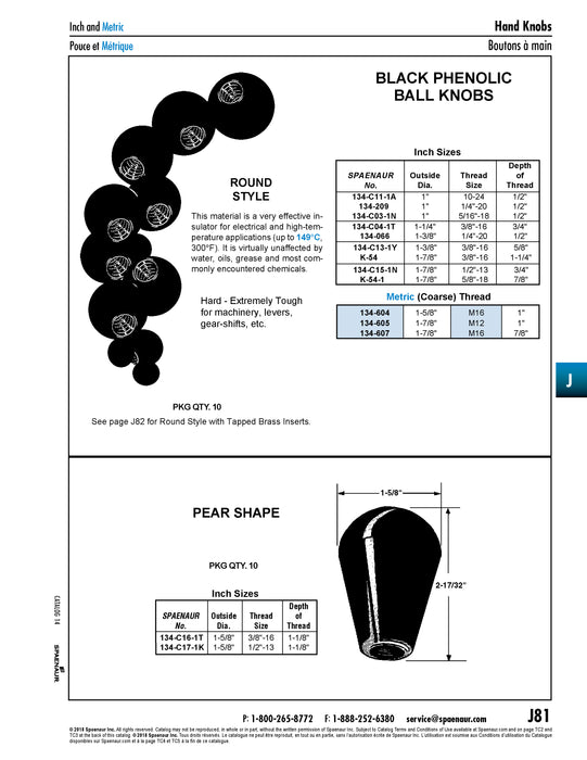Pear Shaped Knob with Tapped Brass Insert 1-5/8" OD x 3/8"-16 UNC x 1-1/8" Deep Phenolic Black by Spaenaur Inc.