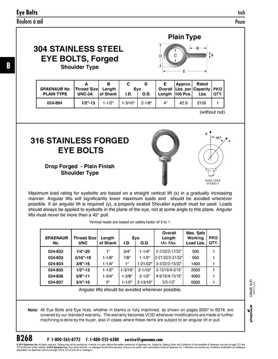 Boulon à œil pour machines, avec épaulement 5/16 po-18 UNC x 1 1/8 po de longueur de tige, acier inoxydable 316