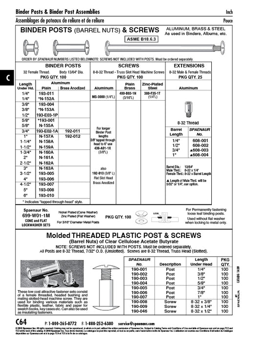 Binder Post, without Screws 4-1/2" LGTH (Tapped 8-32) Aluminum Plain
