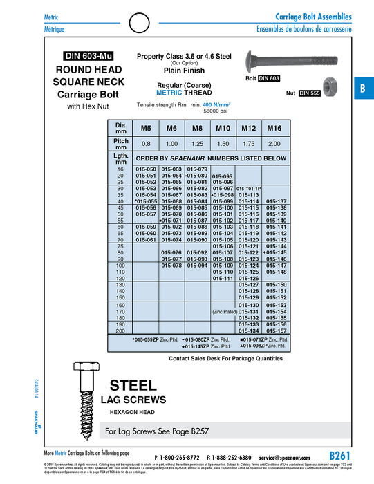 Carriage Bolt W/Hex Nut DIN 603/555 M12 x 1.75 x 60mm 3.6 or 4.6 Steel Plain DIN 603/555/4.6 M12X60