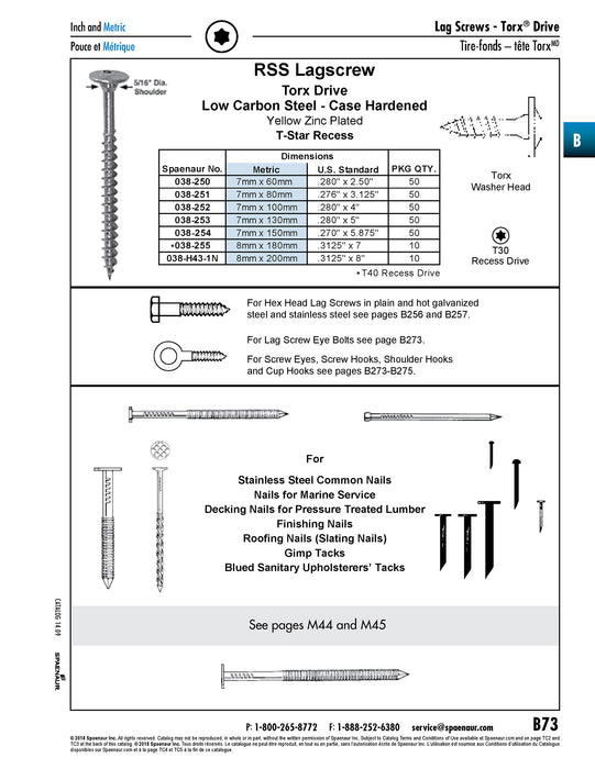 RSS Lag Screw, Round with Washer Head, Torx T30, 0.280" x 5-1/8"(7.0 mm x 130 mm), Low Carbon Steel Yellow Zinc Plated