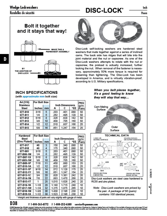 Disc-Lock Washer, Bolt Size 7/16" (.450" ID x .880" OD x .153" THK Per Pair) Hardened Steel, Glued Delta Protekt Coated