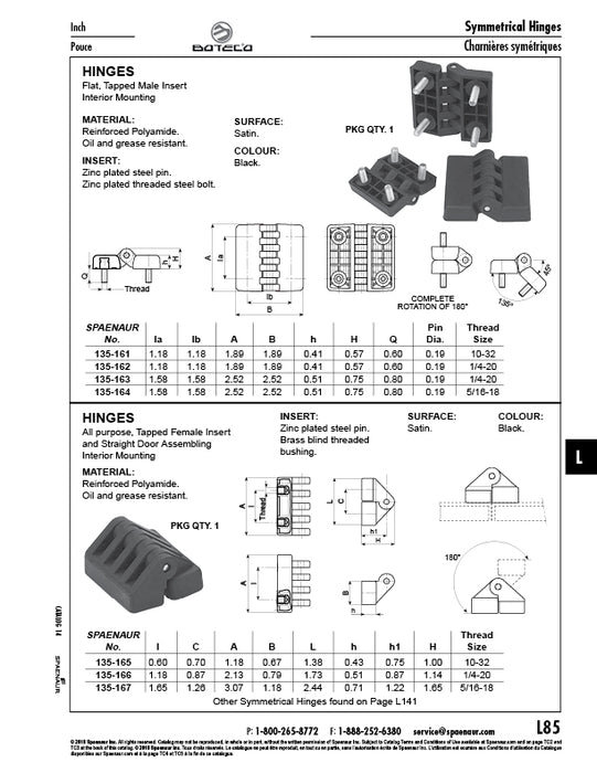 Charnière en plastique, montage intérieur, filetage mâle, insert 1,89 po x 1,89 po x 0,41 po, filetage n° 10-32, matériau thermoplastique, tige en acier zingué noir, par Spaenaur Inc.
