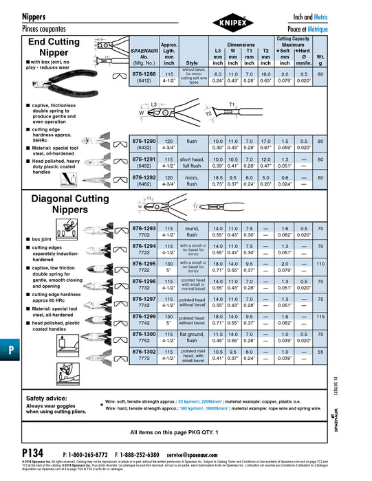 Pince coupante diagonale pour composants électroniques Tête ronde 115 mm (4-1/2") Longueur totale Acier à outils Tête polie Poignées recouvertes de plastique