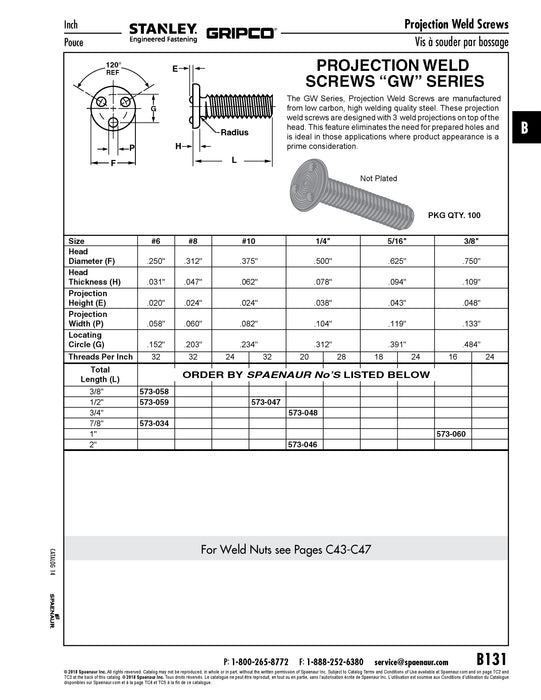 Projection Weld Screw Three Projections Top Of Head 1/4"-20 UNC x 2" LONG C1008/1010 Steel Plain