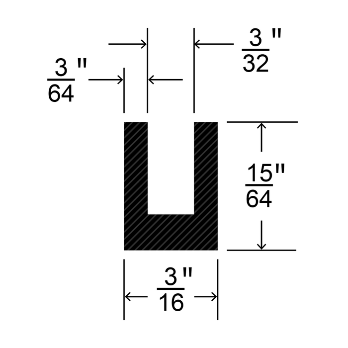Rubber Channel 3/16 x 15/64"HT x 3/32" GAp x 100Ft Roll Sbr Black Duro 70 +/-5 by Spaenaur Inc.
