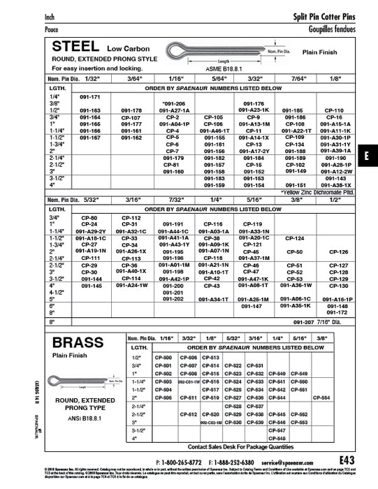 Round Cotter Pin Extended Prong 7/64" x 1-1/2" Steel Plain by Spaenaur Inc.