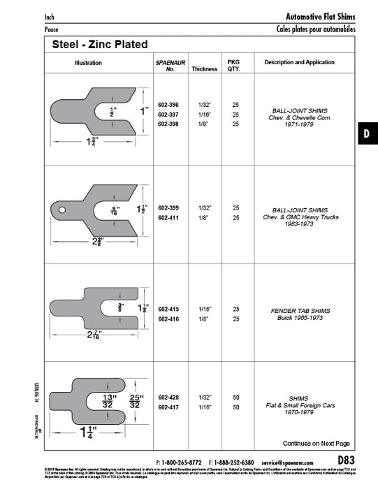 Cale, 1 1/4 po de long x 25/32 po de large, pour Fiat et petites voitures étrangères 1970-1979 Épaisseur de 1/16 po, largeur de fente de 13/32 po Acier à faible teneur en carbone zingué par Spaenaur Inc.