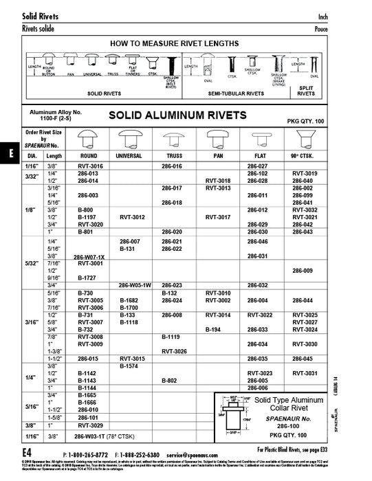 Solid Aluminum Rivet Round Head 3/16" DIA x 3/4" LGTH Aluminum-1100F Plain Meets Specifications Of ANSI B18.1.1-1972 (R1980) by Spaenaur Inc.