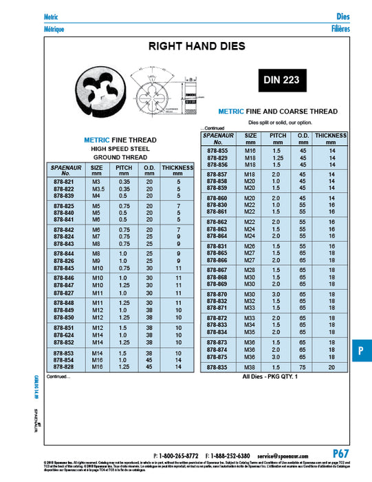 Round Die, DIN 223 M28 x 1.5 Fine (65mm OD x 18mm TH) Hss, Ground Thread DIN 223/HSS/Fine M28X1.5 by Spaenaur Inc.