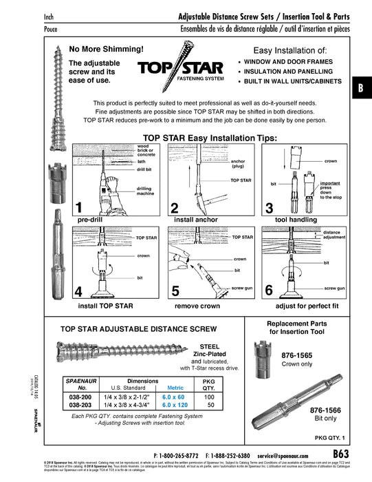 Top Star Adjustable Distance Screw, 1/4" x 3/8" x 2-1/2"(6 mm x 60 mm) Length, Low Carbon Steel Zinc Plated