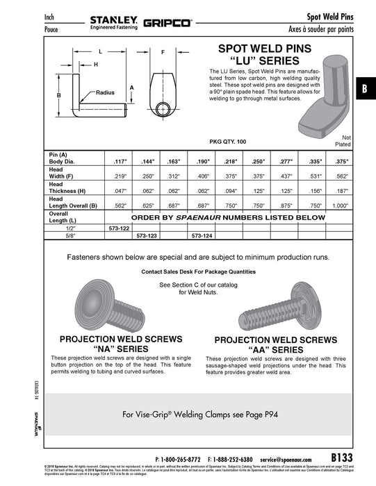 Goupille à souder par points à tête plate à 90 degrés, diamètre de 0,117 po x longueur totale de 1/2 po, en acier à faible teneur en carbone, finition lisse, fabriquée par Spaenaur Inc.