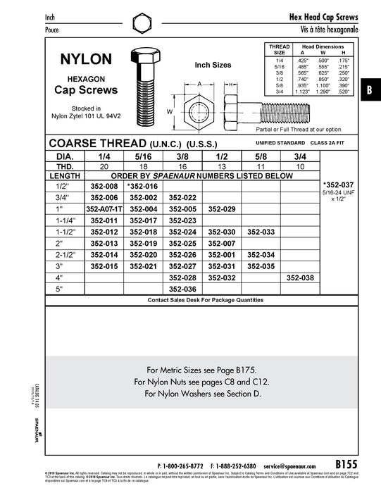 Hex Head Cap Screw 5/16"-18 UNC x 1 1/4" Nylon 6/6 Natural Colour