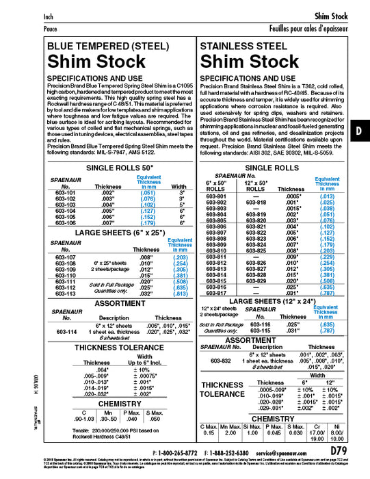 Shim Stock (6" x 25") Sheets .010" (.254mm) THK Spring Steel C1095 Blue Tempered 2 Sheets Per Pack