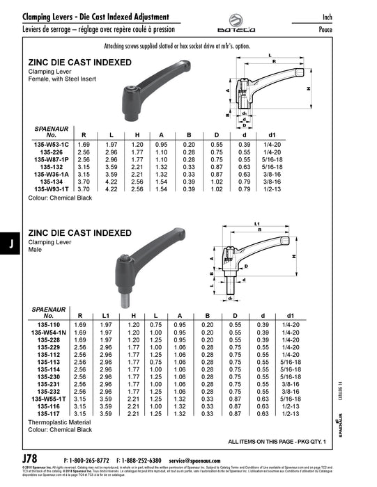 Indexed Clamping Lever, Male Thread 1.97" Length, 1/4"-20 x 1.25 Stud 1.20" Overall Height Zinc Diecast, Black