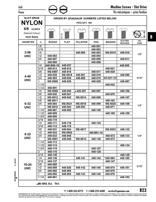 Machine Screw, Flat Slot Head #4-40 UNC x 1/2" Nylon 6/6 Natural