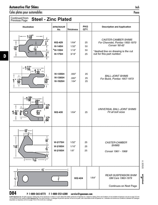 Shim, Caster-Camber, 1 17/32" LG x 1 9/32"W., for Corvair 1961-1968 1/32"Thickness, 7/16" Slot Width Low Carbon Steel Zinc Plated