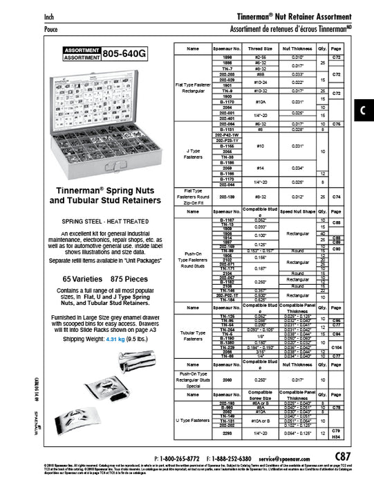 Assortiment de rondelles élastiques et de dispositifs de retenue tubulaires pour goujons, 62 variétés, 875 pièces dans un tiroir métallique, par Spaenaur Inc.