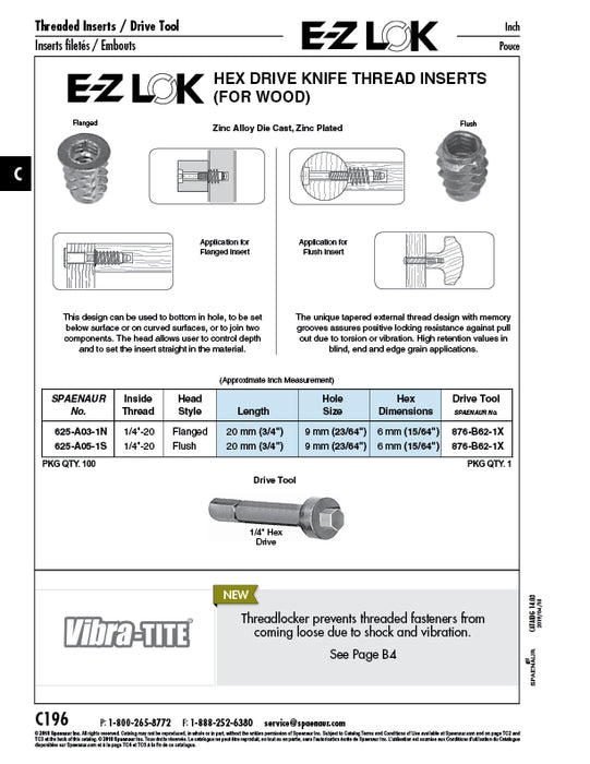Hexdrive Knife Thread Insert for Soft Wood, Flush Design 1/4"-20 Internal Thread x 20mm LGTH Die Cast Zinc Alloy