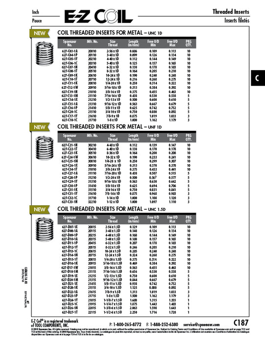 E-Z Coil Helical Thread Insert Standard Free Running 1-3/8-6 UNC x 2.062" Length 18-8 Stainless Steel E-Z Lok # 22015 by Spaenaur Inc.