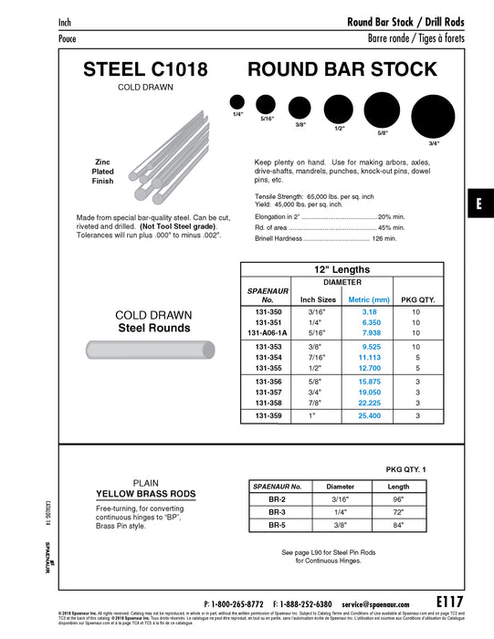 Rod Pin for Continuous Hinge 3/16" DIA x 96" LONG Brass, Plain Finish