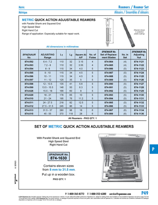 Alésoirs réglables à action rapide avec tige droite et extrémité carrée 18 - 21 mm en acier rapide
