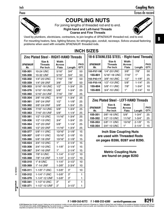 Coupling Nut 1-1/8"-7 UNC (1-5/8" A/F x 3" L) Steel Zinc Plated by Spaenaur Inc.